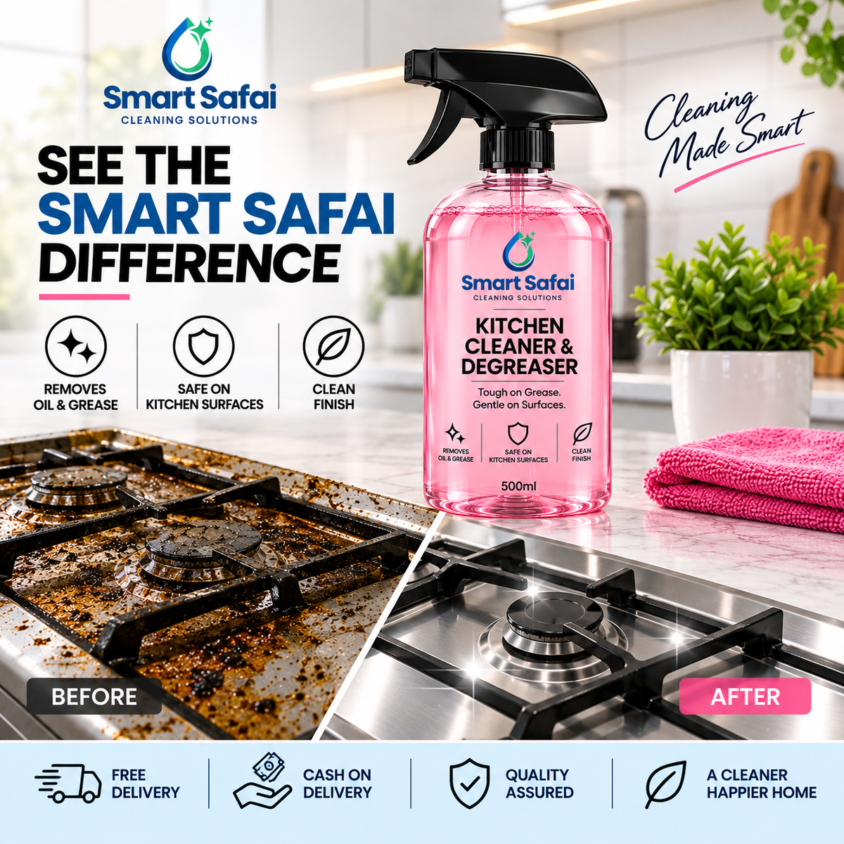 Smart Safai Kitchen Cleaner & Degreaser for removing grease from kitchen stove