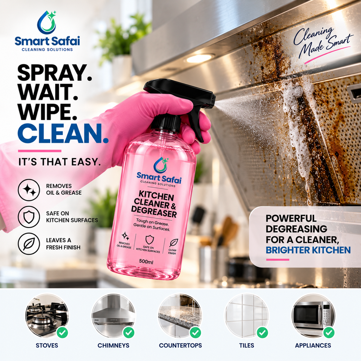 Smart Safai Kitchen Degreaser spray for grease on stoves, chimneys and kitchen surfaces